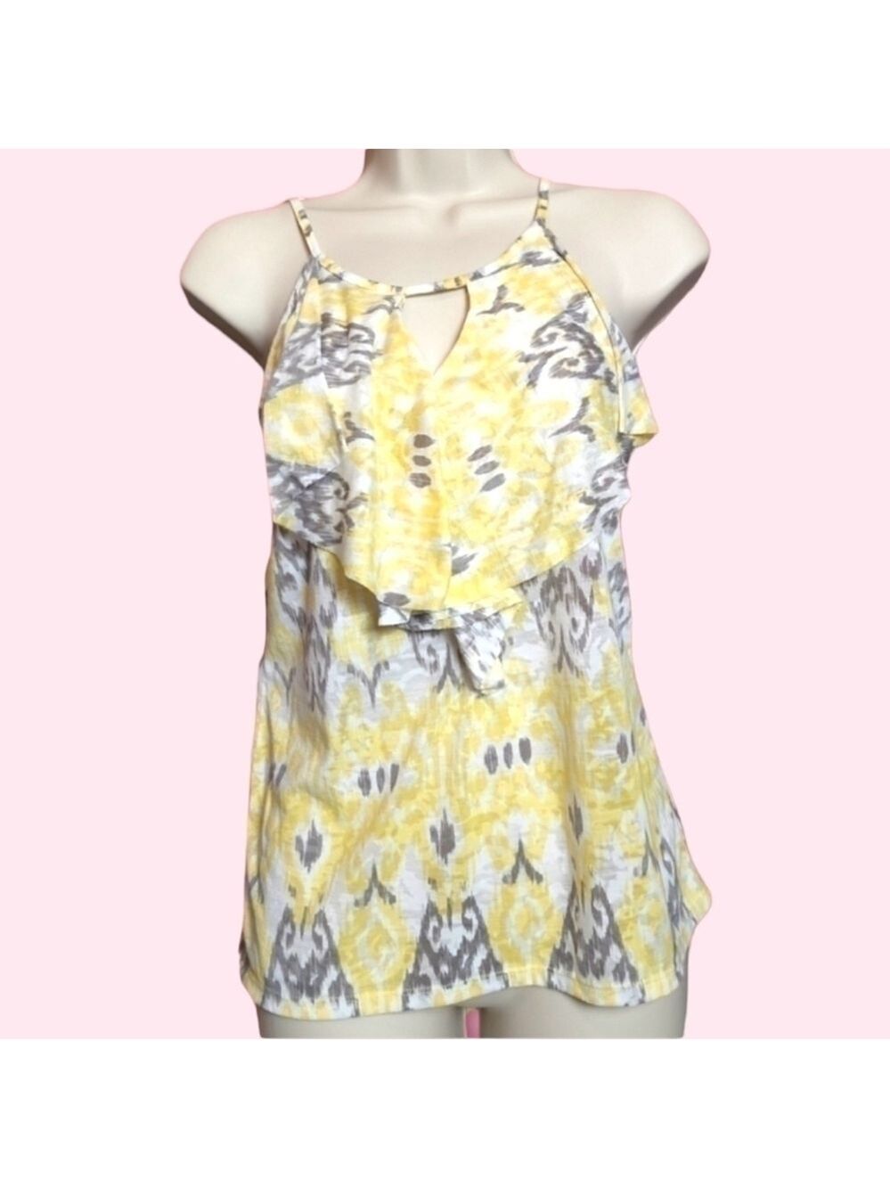 Yellow Boho Soft Lightweight Flowy Flounce Spaghetti Strap Halter Tank Top Small